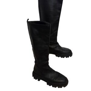Marc Fisher LTD Malena Black Leather Lug Sole Knee High Combat Boots Womens 9M
